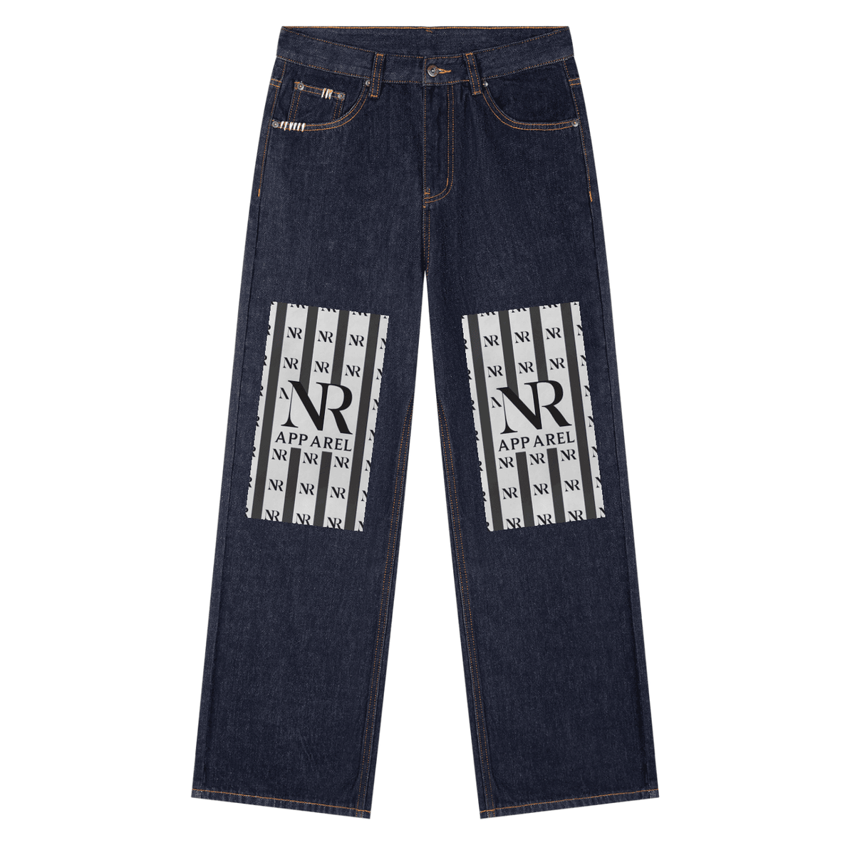 Heavyweight straight leg denim jeans in a dark wash.