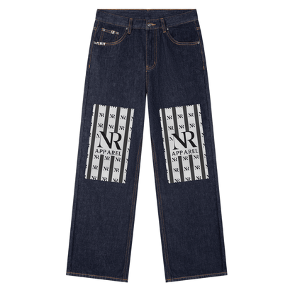 Heavyweight straight leg denim jeans in a dark wash.