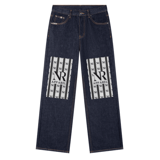 Heavyweight straight leg denim jeans in a dark wash.
