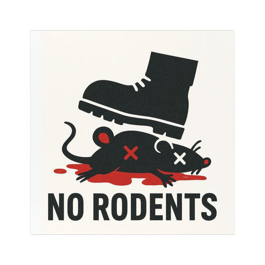 Car magnet with bold "No Rodents" text and a stylized rodent silhouette