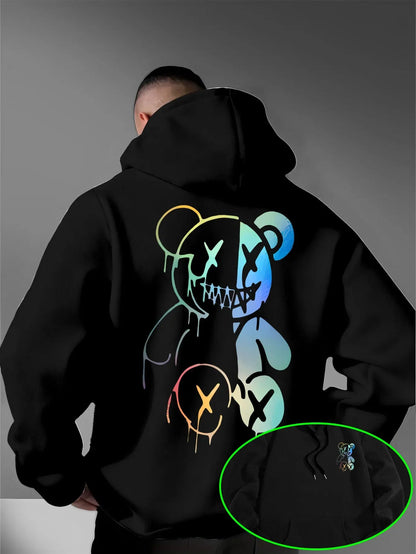 Loose Oversized Men Hoodies Holographic Split Evil Bear Front Back Dual Print Pullover Sweatshirt Dark Street Daily Hooded Tops NO RODENTS LUXURY