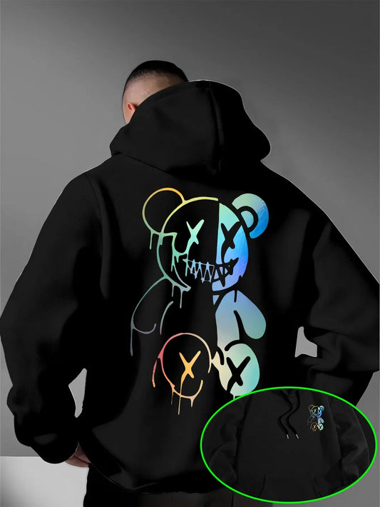 Loose Oversized Men Hoodies Holographic Split Evil Bear Front Back Dual Print Pullover Sweatshirt Dark Street Daily Hooded Tops NO RODENTS LUXURY