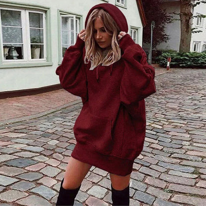 Oversized Hoodie Dress Women Loose Long Sleeve Pocket Drawstring Sweatshirt Dress Casual Streetwear Daily Wear Warm Pullover NO RODENTS LUXURY