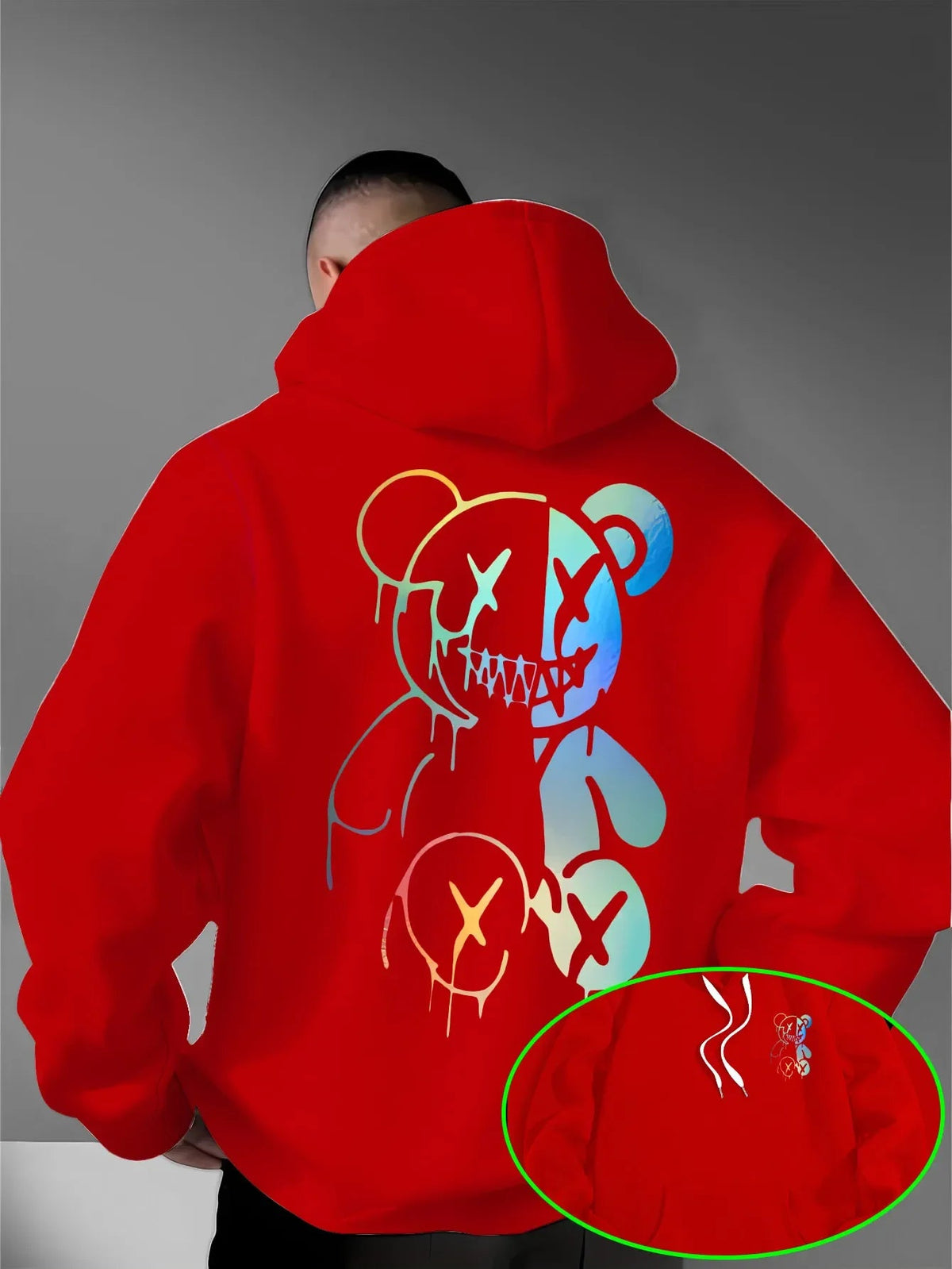 Loose Oversized Men Hoodies Holographic Split Evil Bear Front Back Dual Print Pullover Sweatshirt Dark Street Daily Hooded Tops NO RODENTS LUXURY