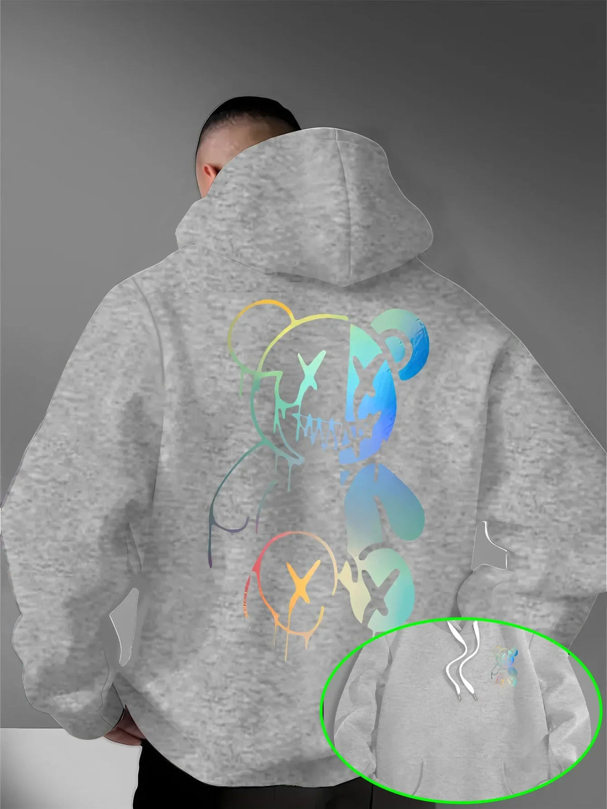 Loose Oversized Men Hoodies Holographic Split Evil Bear Front Back Dual Print Pullover Sweatshirt Dark Street Daily Hooded Tops NO RODENTS LUXURY