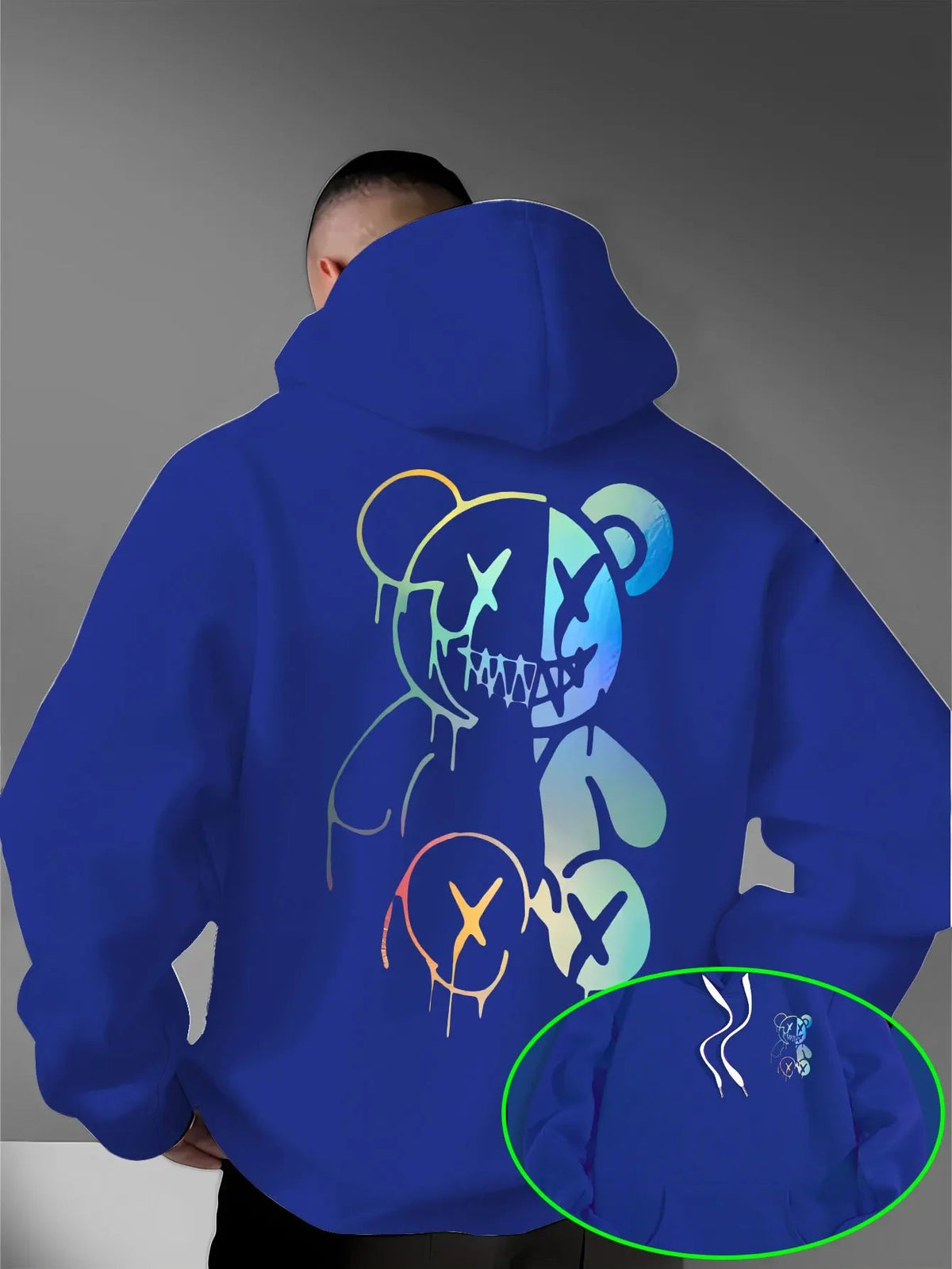 Loose Oversized Men Hoodies Holographic Split Evil Bear Front Back Dual Print Pullover Sweatshirt Dark Street Daily Hooded Tops NO RODENTS LUXURY