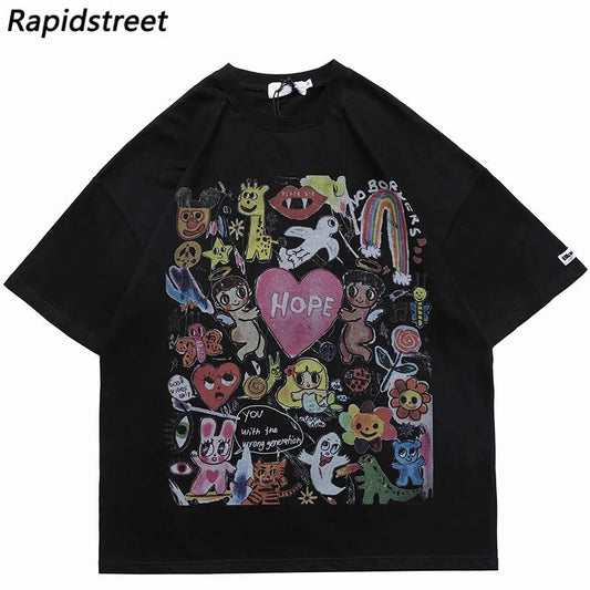 Men Oversize T Shirt Hip Hop Streetwear Painting Letter Heart Rainbow Angels Graphic Tshirt Harajuku Cotton T-Shirt Unisex NO RODENTS LUXURY