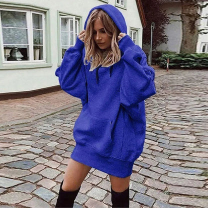 Oversized Hoodie Dress Women Loose Long Sleeve Pocket Drawstring Sweatshirt Dress Casual Streetwear Daily Wear Warm Pullover NO RODENTS LUXURY