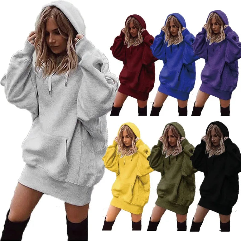 Oversized Hoodie Dress Women Loose Long Sleeve Pocket Drawstring Sweatshirt Dress Casual Streetwear Daily Wear Warm Pullover NO RODENTS LUXURY