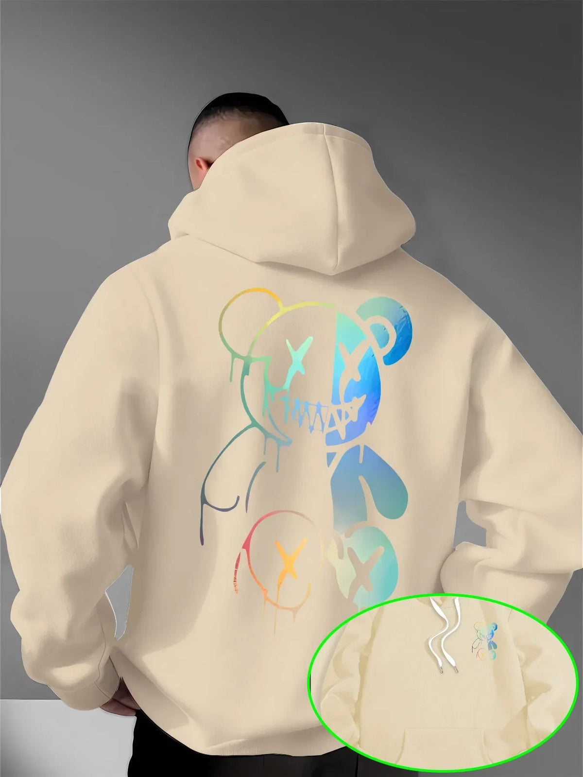 Loose Oversized Men Hoodies Holographic Split Evil Bear Front Back Dual Print Pullover Sweatshirt Dark Street Daily Hooded Tops NO RODENTS LUXURY