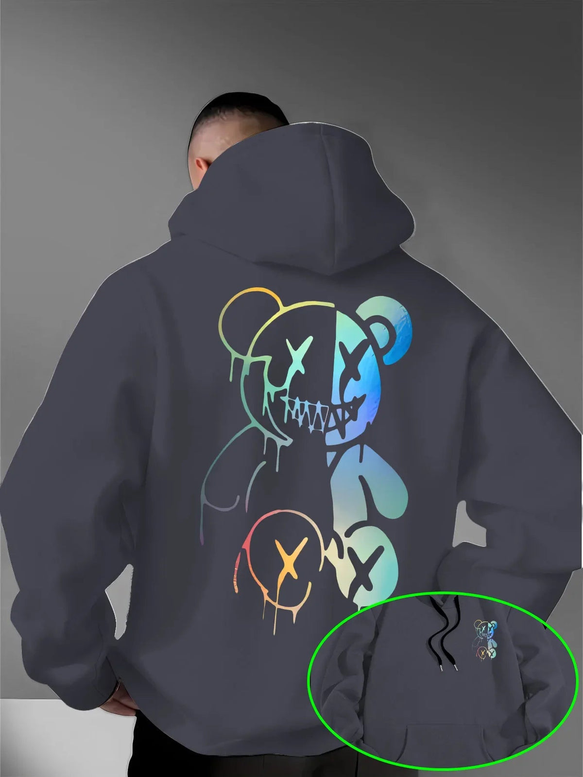 Loose Oversized Men Hoodies Holographic Split Evil Bear Front Back Dual Print Pullover Sweatshirt Dark Street Daily Hooded Tops NO RODENTS LUXURY
