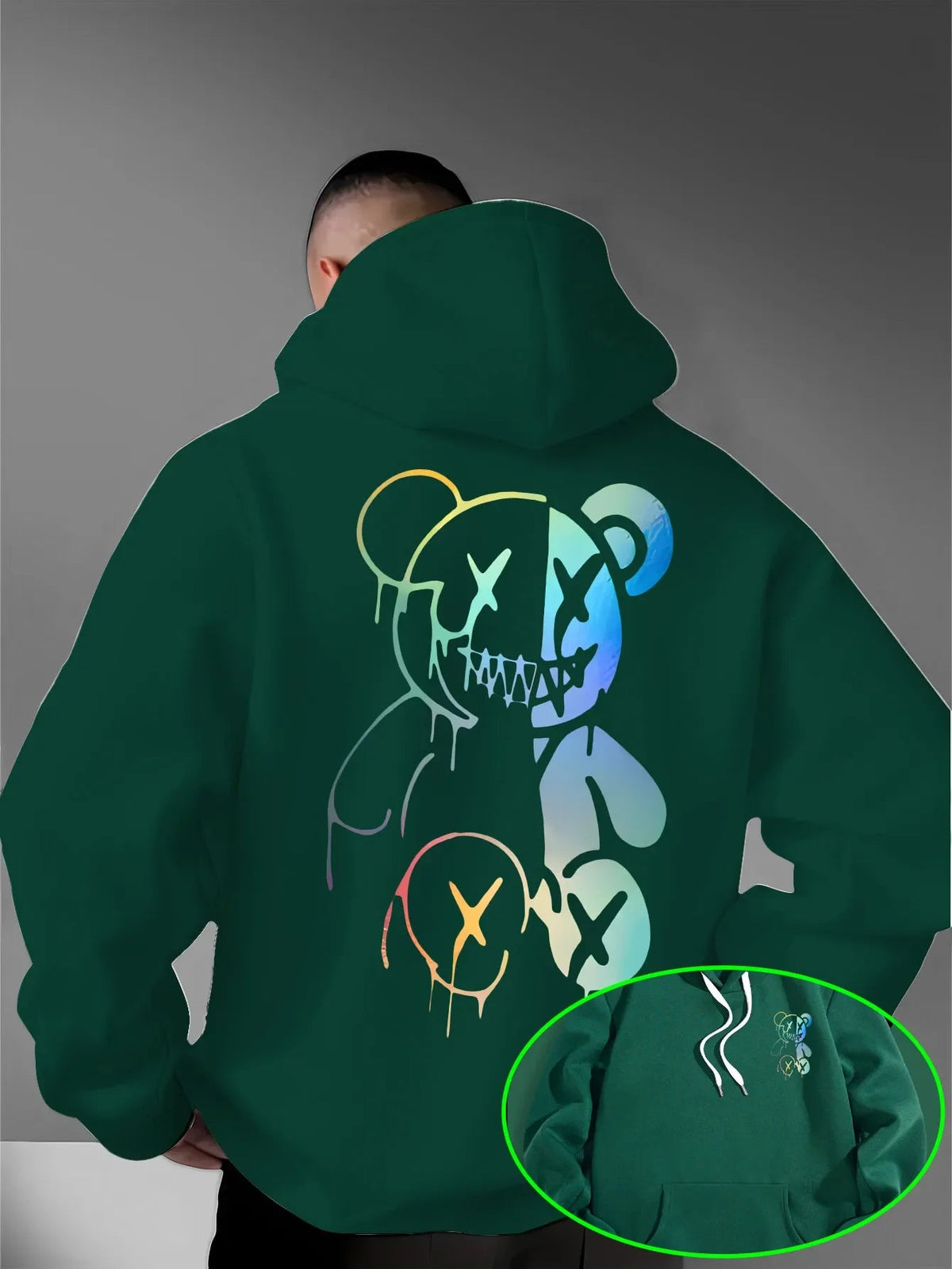 Loose Oversized Men Hoodies Holographic Split Evil Bear Front Back Dual Print Pullover Sweatshirt Dark Street Daily Hooded Tops NO RODENTS LUXURY