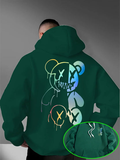 Loose Oversized Men Hoodies Holographic Split Evil Bear Front Back Dual Print Pullover Sweatshirt Dark Street Daily Hooded Tops NO RODENTS LUXURY