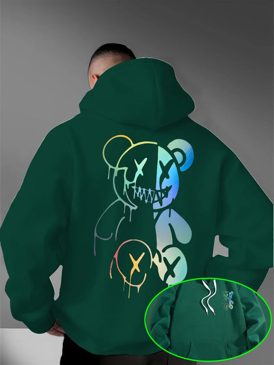 Loose Oversized Men Hoodies Holographic Split Evil Bear Front Back Dual Print Pullover Sweatshirt Dark Street Daily Hooded Tops NO RODENTS LUXURY