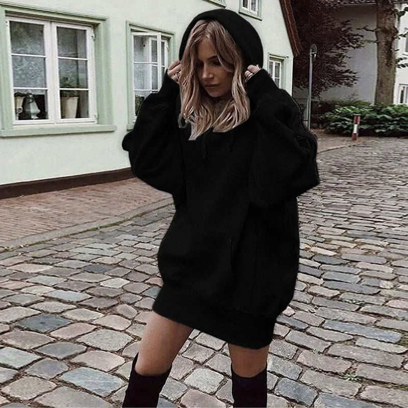 Oversized Hoodie Dress Women Loose Long Sleeve Pocket Drawstring Sweatshirt Dress Casual Streetwear Daily Wear Warm Pullover NO RODENTS LUXURY