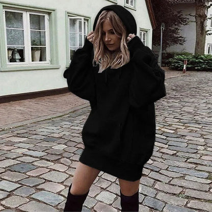 Oversized Hoodie Dress Women Loose Long Sleeve Pocket Drawstring Sweatshirt Dress Casual Streetwear Daily Wear Warm Pullover NO RODENTS LUXURY