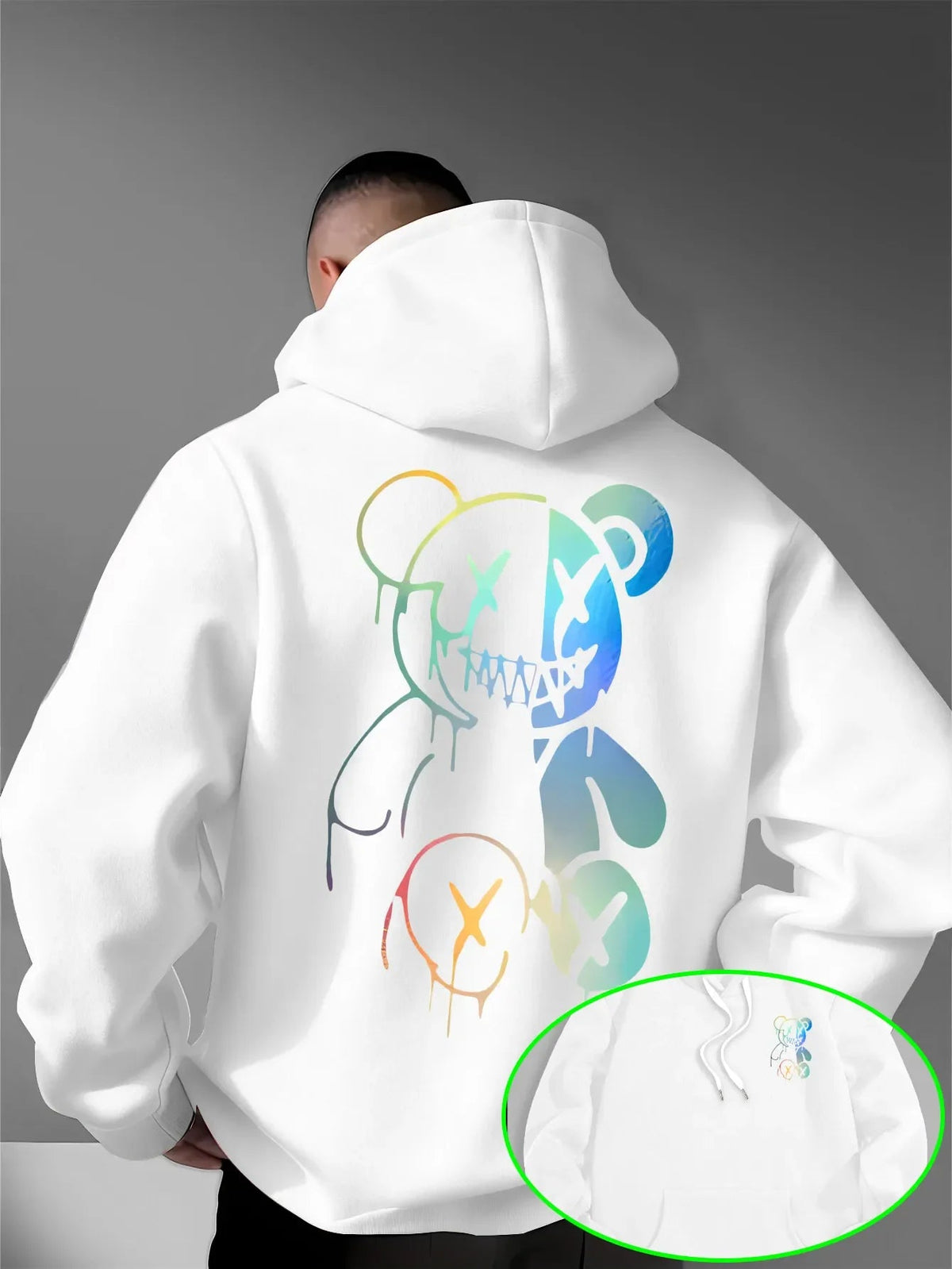 Loose Oversized Men Hoodies Holographic Split Evil Bear Front Back Dual Print Pullover Sweatshirt Dark Street Daily Hooded Tops NO RODENTS LUXURY