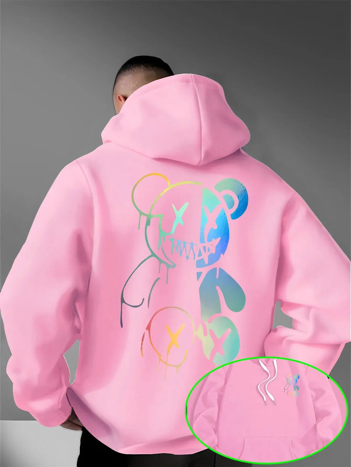 Loose Oversized Men Hoodies Holographic Split Evil Bear Front Back Dual Print Pullover Sweatshirt Dark Street Daily Hooded Tops NO RODENTS LUXURY