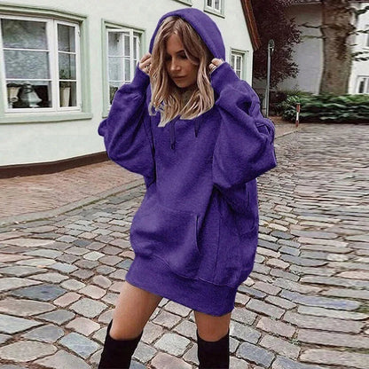 Oversized Hoodie Dress Women Loose Long Sleeve Pocket Drawstring Sweatshirt Dress Casual Streetwear Daily Wear Warm Pullover NO RODENTS LUXURY