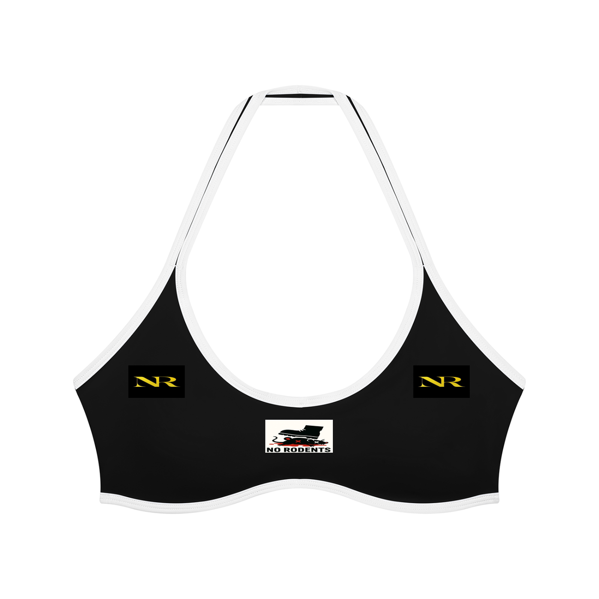 NO RODENTS women's halter color block yoga sports bra with black, white, and pink panels