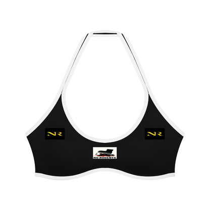 NO RODENTS women's halter color block yoga sports bra with black, white, and pink panels