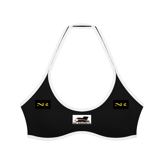 NO RODENTS women's halter color block yoga sports bra with black, white, and pink panels