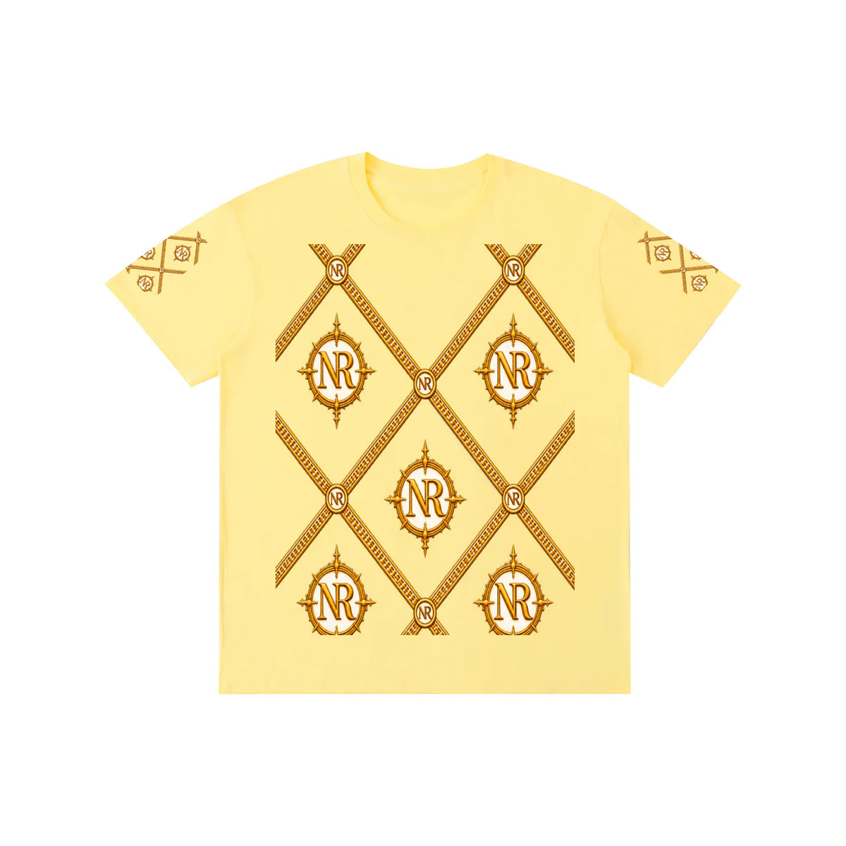 Luxury streetwear t-shirt with ornate gold chain graphic design.